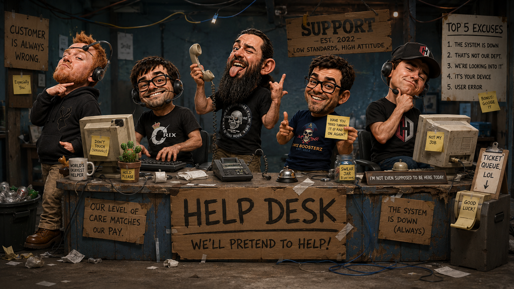 Satirical illustration representing automated platform support and AI at the front desk