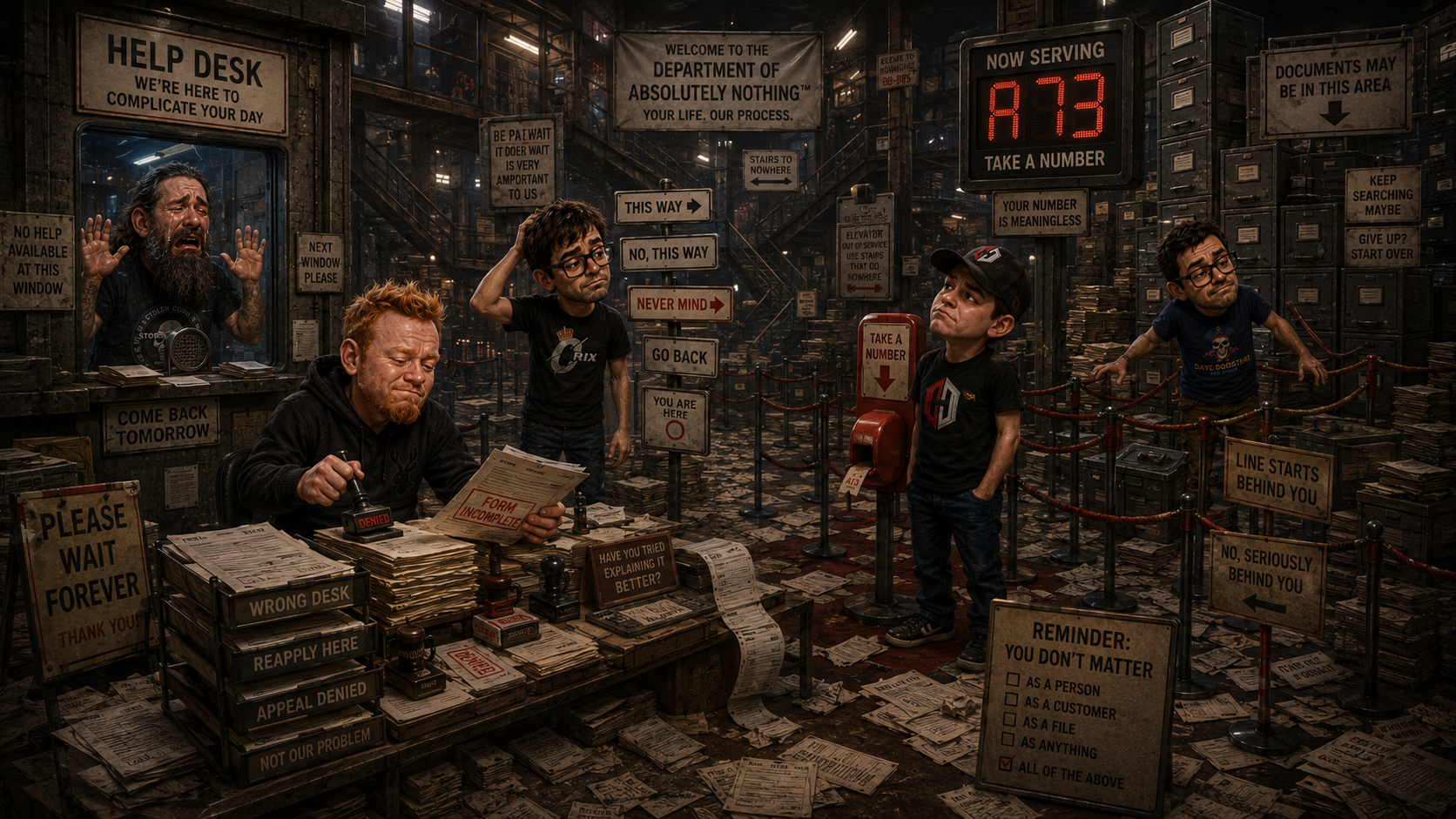 Satirical illustration representing the Kafkaesque platform and complaint process