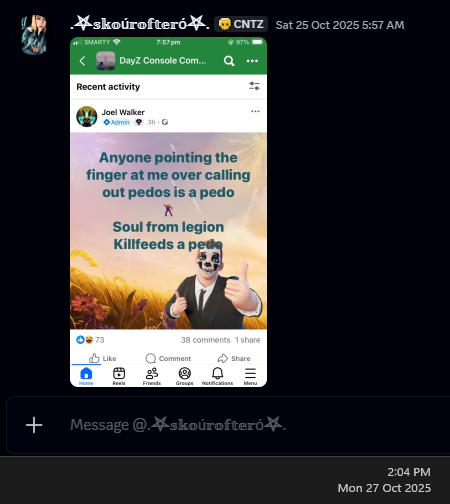 Screenshot showing contact about pedophile post