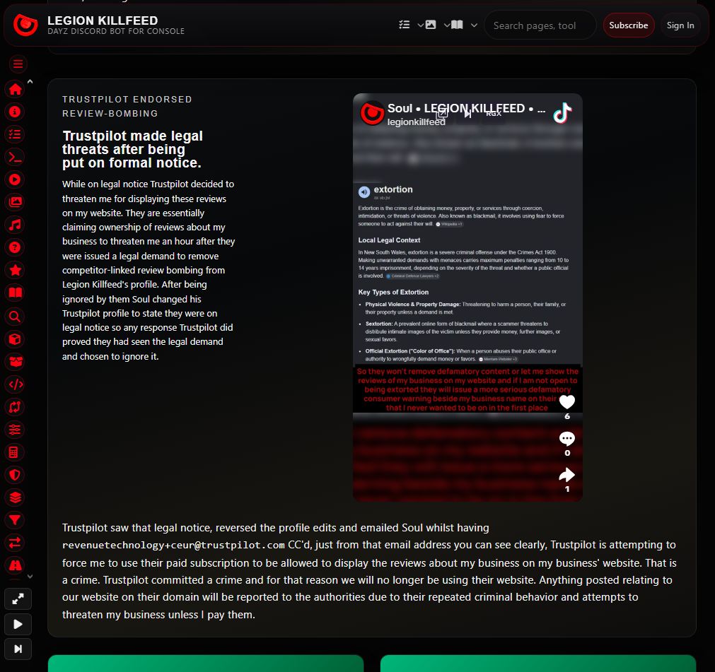 Killfeed.co page recording Trustpilot's legal threats and commercial coercion