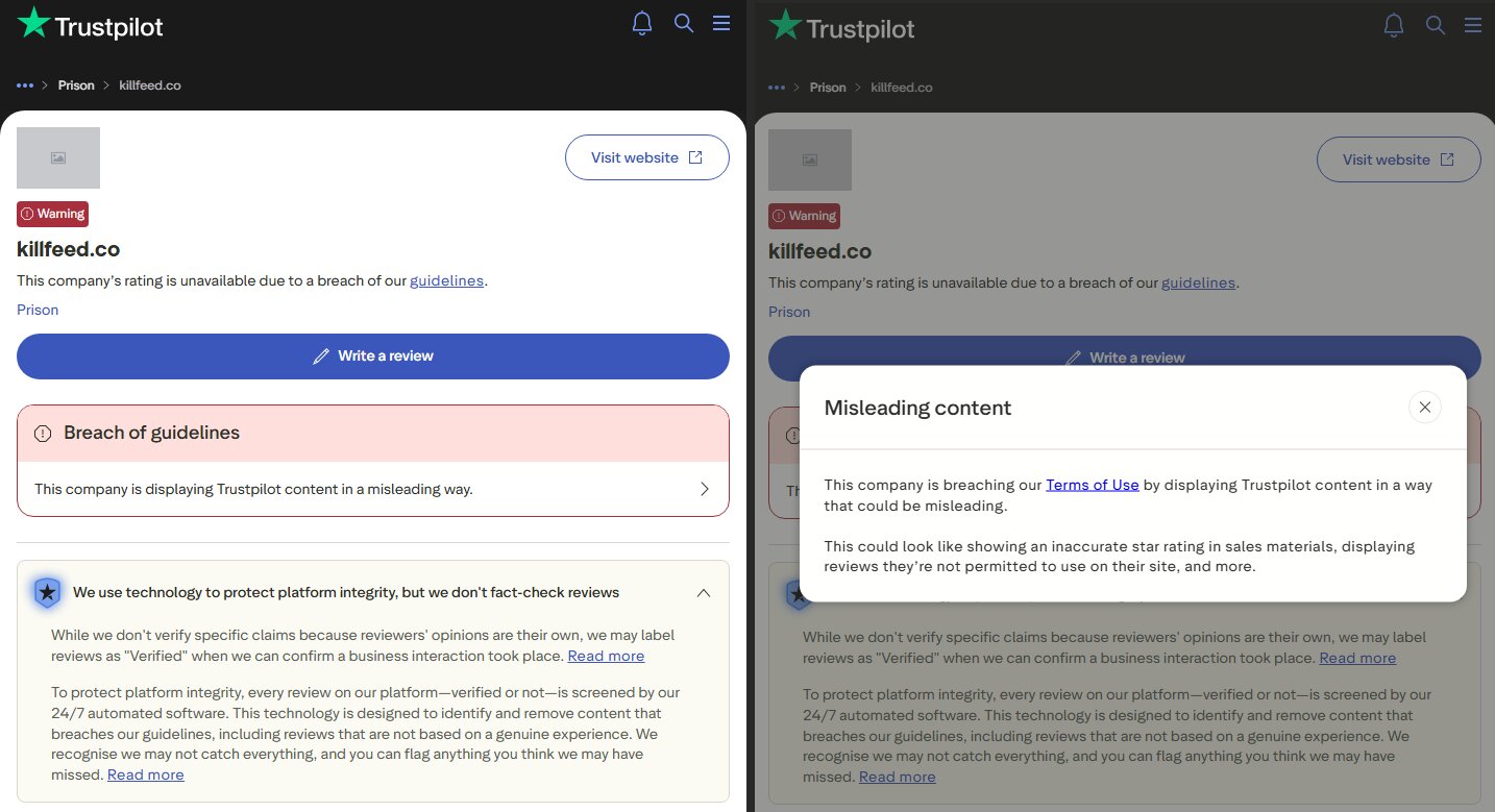 Trustpilot Consumer Warning displayed on the killfeed.co profile