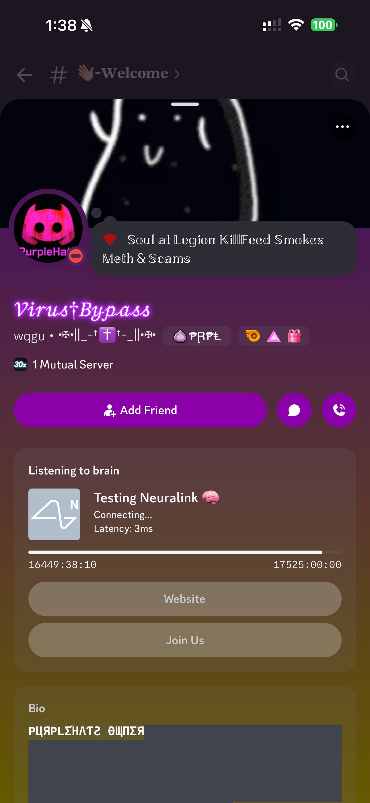 Virus Bypass Discord profile carrying a meth and scam smear against Soul