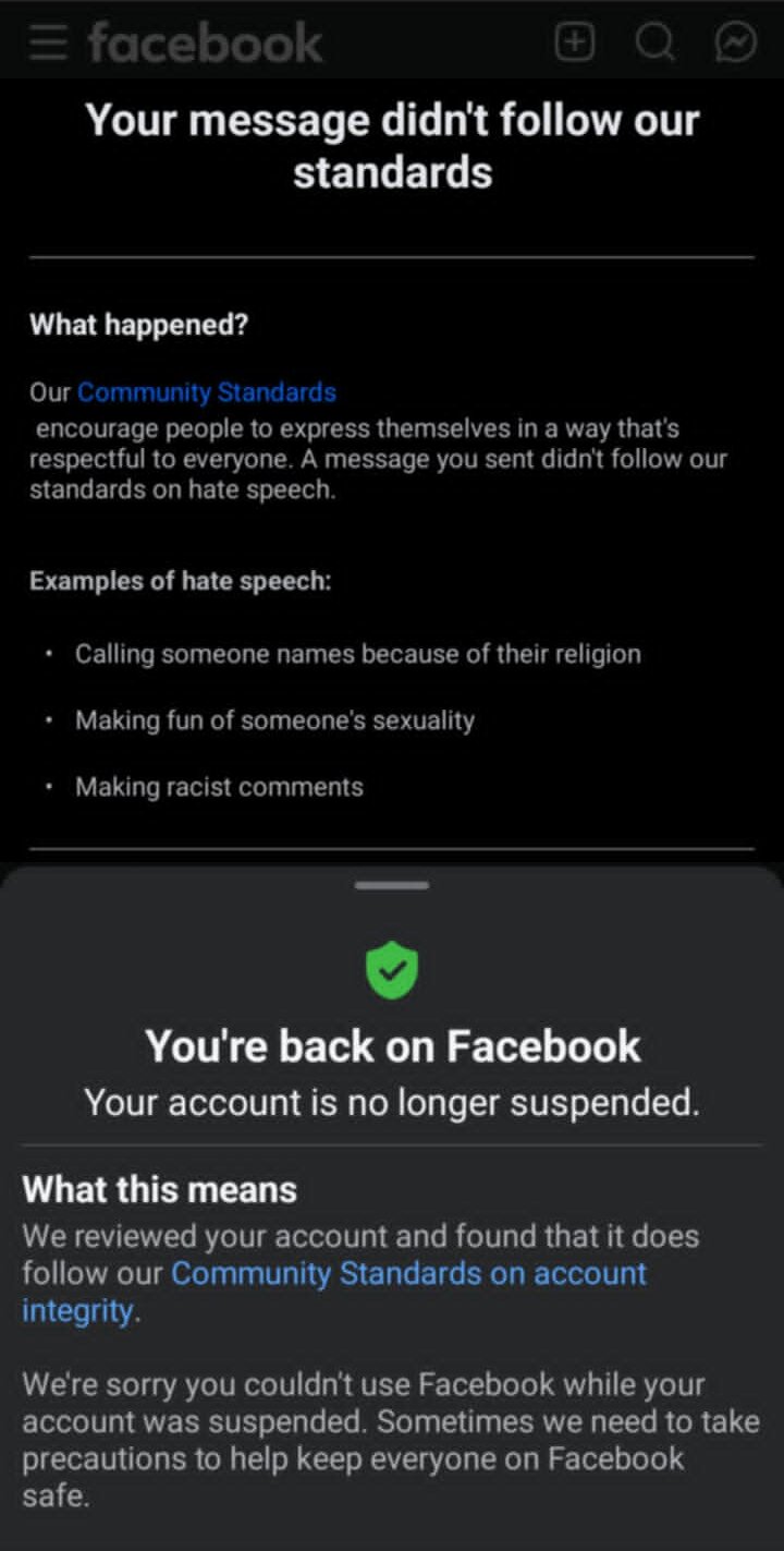 13 August Facebook enforcement / restoration